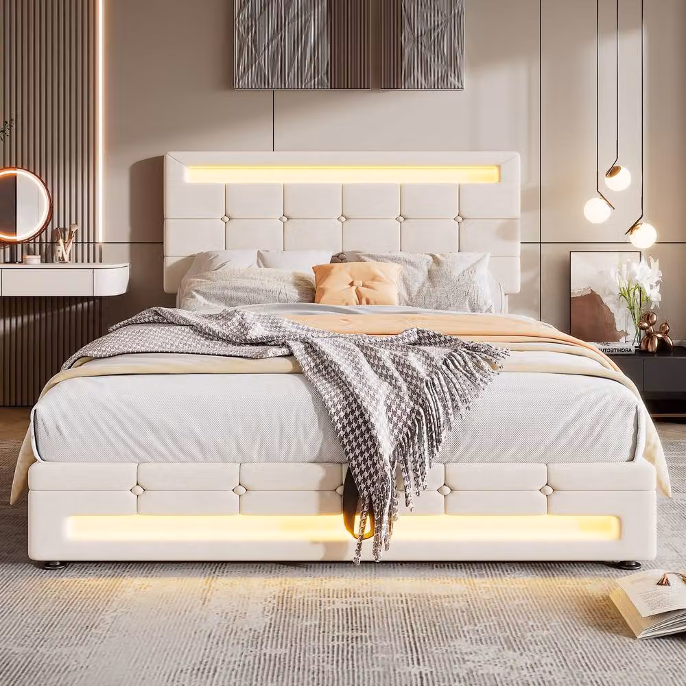 ModernLuxe Beige Velvet Double Ottoman Bed with LED Lights and Headboard, W/D/H: 135 x 190 x 38.5 cm – 2