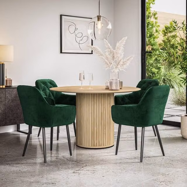 More4Homes Arlo Oak Round Dining Table and Anika Green Velvet Dining Chairs Set of 5, W/D/H: 120 x 120 x 75 cm – 1