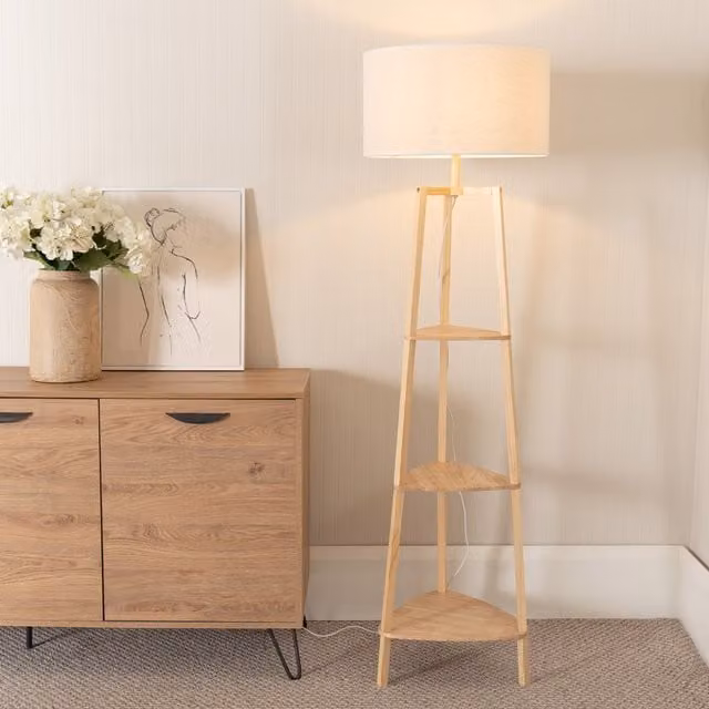 Hiru 3 Tier Wood Shelf Floor Lamp with White Fabric Drum Shade