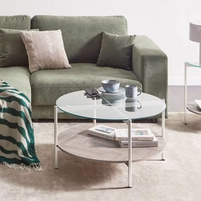 Wyld and Coco Silver Round Coffee Table with Transparent Tempered Glass Top and Light Wood Shelf, Diameter: 80 cm, Height: 45 cm