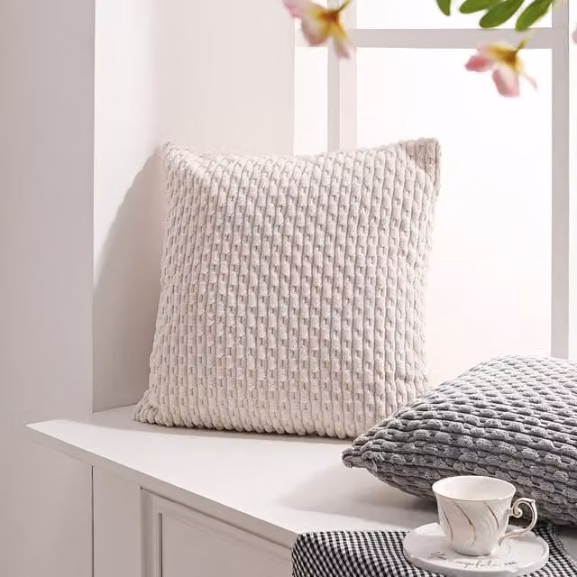 Livingandhome Beige Corduroy Square Throw Cushion with Soft Insert