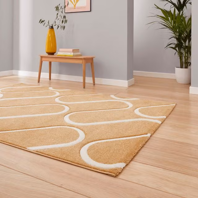Catherine Lansfield Linear Curve Modern Geometric Rectangular Rug in Yellow and Brown