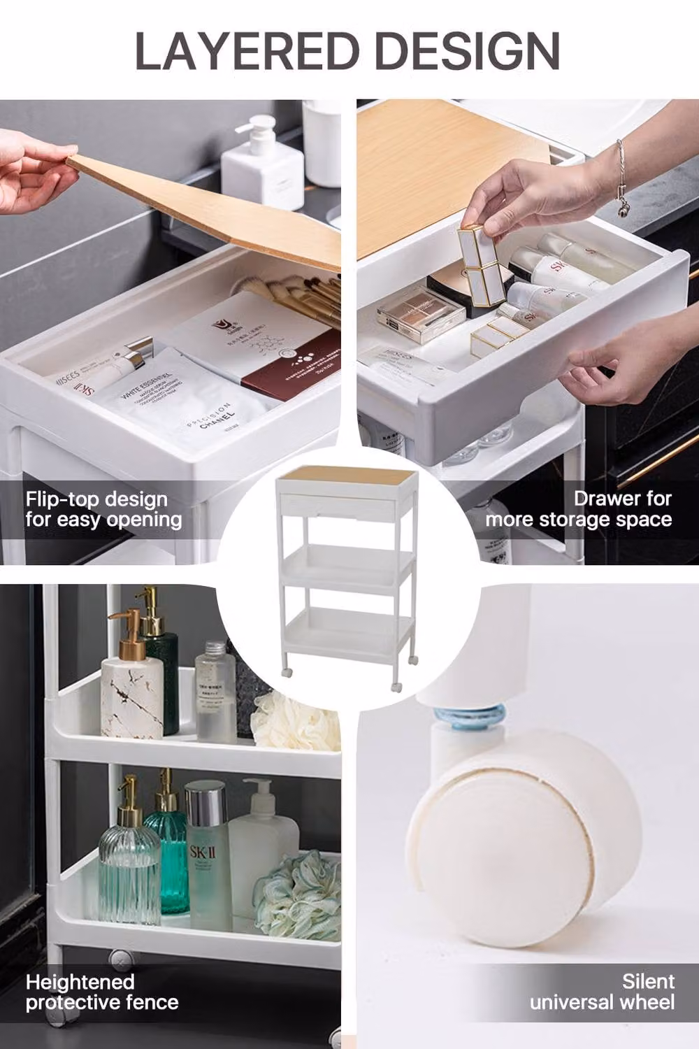 Garden Sanctuary Modern 3-Tier Storage Trolley with Drawer in White – 3