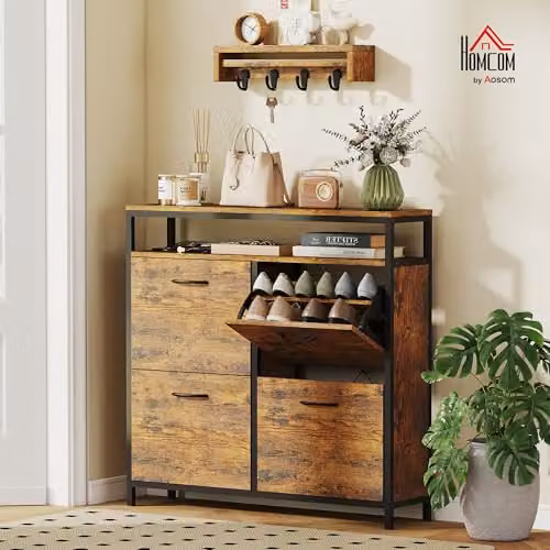 HOMCOM Industrial Shoe Cabinet with Tilting Compartments and Open Shelf, Brown and Black – 2