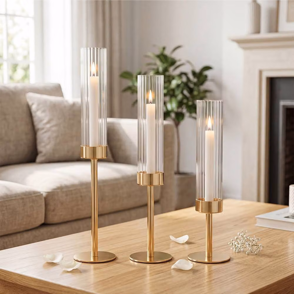 Levede Set of 3 Gold Fluted Metal and Glass Hurricane Candle Holders for Taper Candles – 3