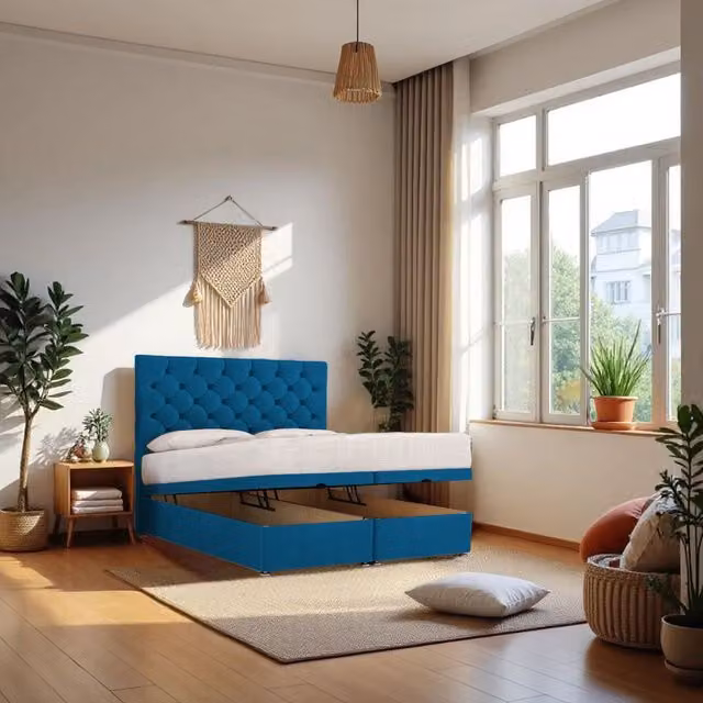 Knight Sleep Athens Navy Blue King Size End Opening Ottoman Bed with Hybrid Mattress and 24 inch Headboard