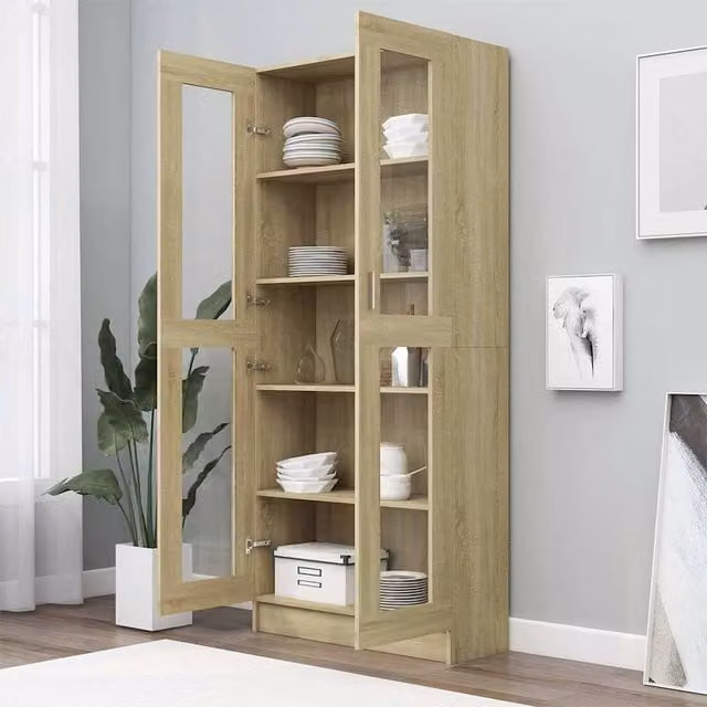 Berkfield Home Sonoma Oak Vitrine Cabinet with Glass Doors, Light Brown, W: 82.5 cm, D: 30.5 cm, H: 185.5 cm