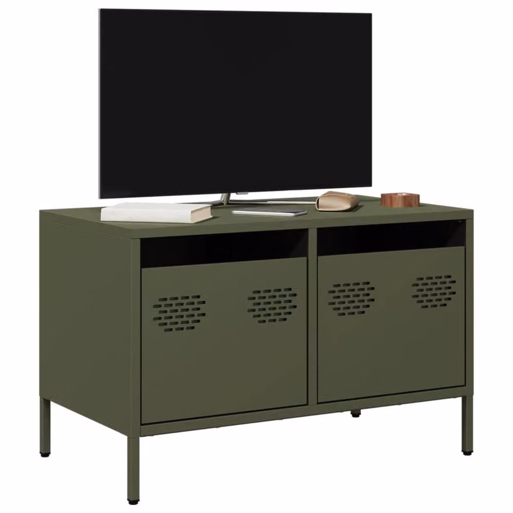 Berkfield Home Industrial TV Cabinet in Olive Green, Cold-rolled Steel, W: 68 cm, D: 39 cm, H: 43.5 cm – 2