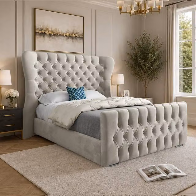 Casani Reedham King Size Upholstered Velvet Bed Frame in Beige – 1