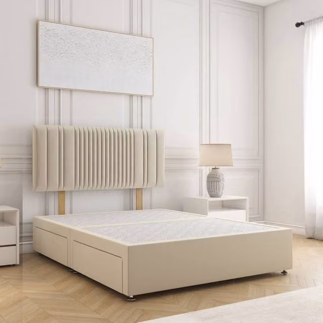 BSSPOKE Florence Super King Divan Bed with 24 inch Plush Headboard and 2 Drawers in Cream Beige