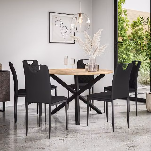More4Homes Malvern Round Oak Effect Dining Table Set with 6 Monza Chairs in Black and Brown