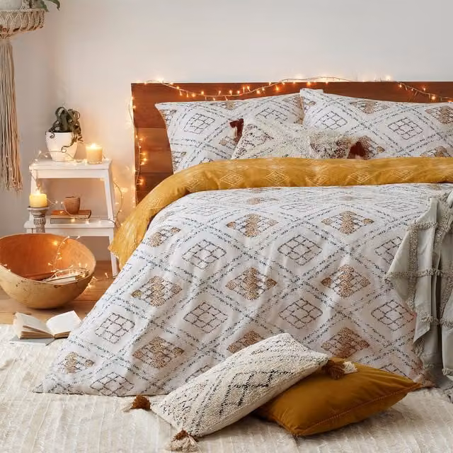 Make it a Home Global Inspired Reversible Flannelette Duvet Cover Set in Yellow and White, W: 200 cm x D: 200 cm