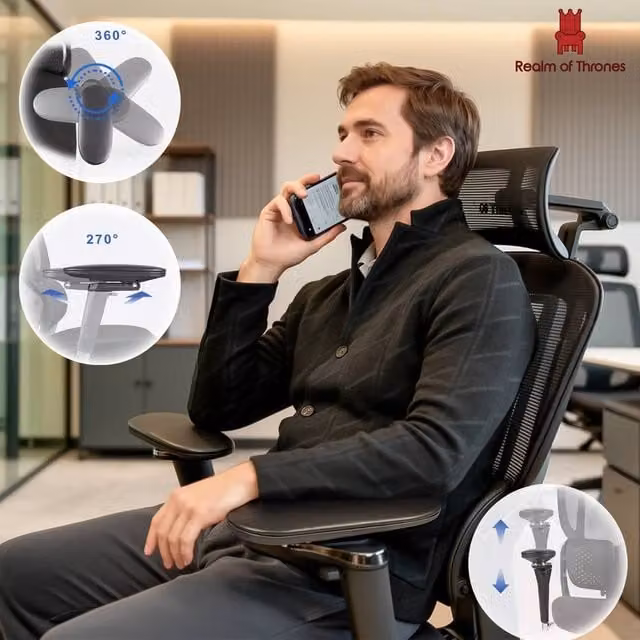 Realm of Thrones Ergonomic Black Mesh and Fabric Office Chair with Headrest and 4D Armrests