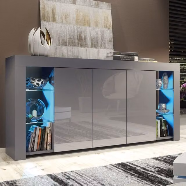 Creative Furniture Eden Sideboard with Glossy Doors and Integrated LED Lighting, Dark Grey, W: 164 cm, H: 83 cm, D: 35 cm – 1