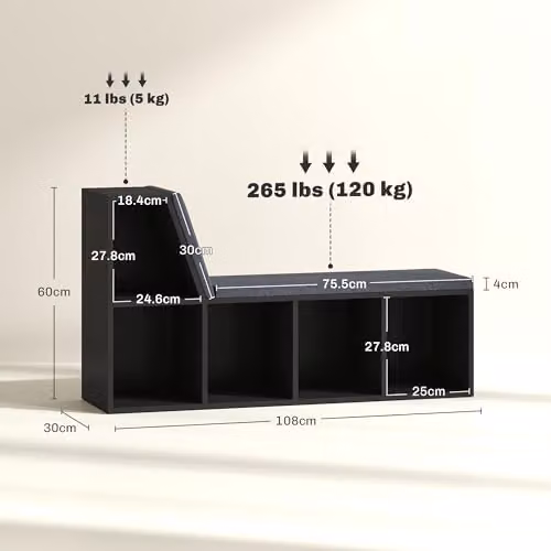 HOMCOM Modern Geometric Black Bookcase Storage Shelf with Cushioned Reading Seat, W/D/H: 108 x 30 x 60 cm – 3
