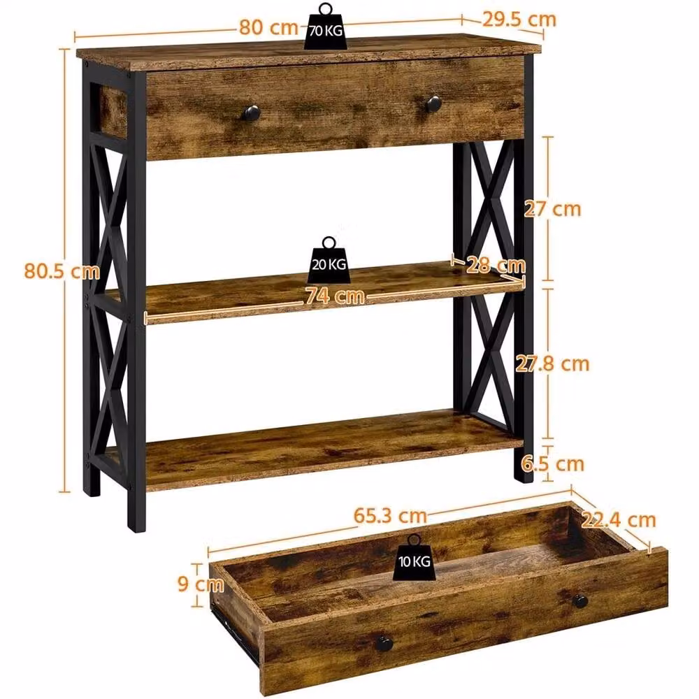 KORVIXA 3-Tier Vintage Console Table in Brown, W/D/H: 80 x 29.5 x 81 cm – 2