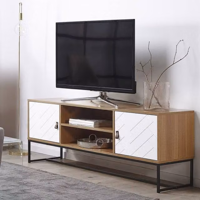 Wyld and Coco Modern Geometric TV Stand in White and Black with W/D/H: 150 x 40 x 55 cm