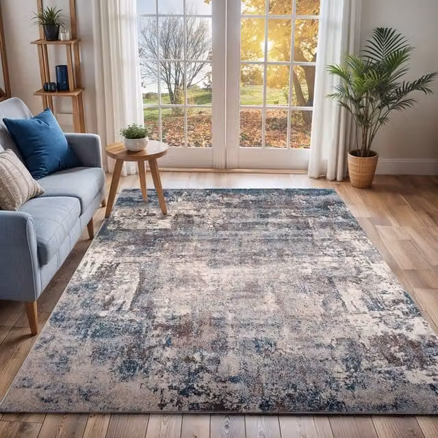 Livabliss Ankara Abstract Blue and Beige Modern Marble Rug, W: 80 cm, L: 220 cm – 1