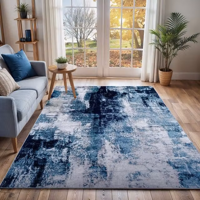 Livabliss Wanderlust Abstract Modern Marble Rug in Blue, Grey and Black, W/D/H: 140 x 200 cm