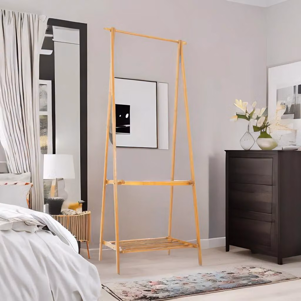 Rafaelo Mobilia Bamboo Natural Brown Open Clothes Rack with Shelf, W/D/H: 118 x 40 x 181 cm – 3