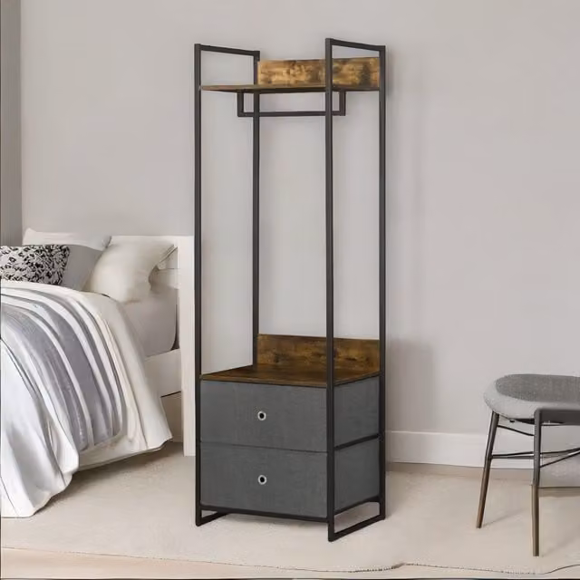 FURNOS Industrial Hall Tree Coat Rack with 2 Fabric Drawers in Brown, H 185 x W 58 x D 46 cm