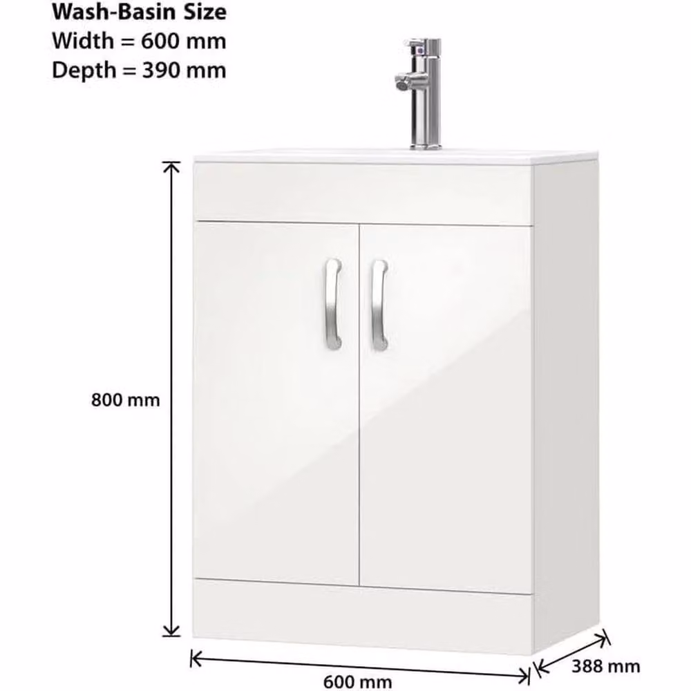 FORGEVIO White Glossy Modern Freestanding Bathroom Vanity Unit with Soft Close Hinged Doors, Width: 60 cm – 2