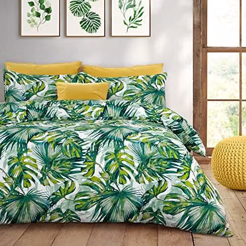 Velosso Tropical Palm Leaves Floral Easycare Bedding Set in Green with Duvet Cover and Pillowcases, W/D/H: 200 x 200 cm and 50 x 75 cm