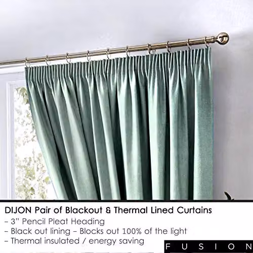 Fusion Dijon Thermal and Blackout Pencil Pleat Curtains in Duck Egg Blue, 2 Panels, Width: 117 cm, Drop: 183 cm – 4