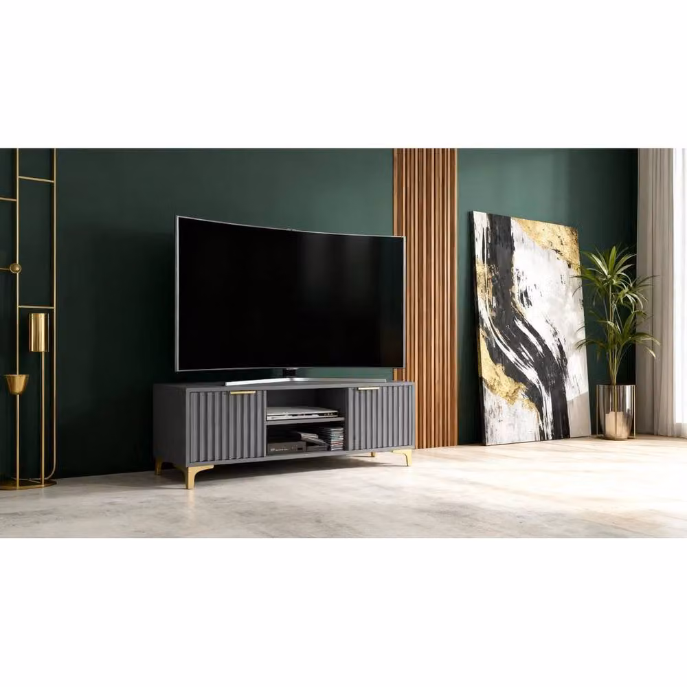 FORGEVIO Modern Grey Fluted TV Unit with Gold Metal Legs – 2