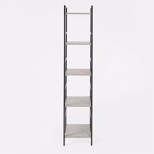 OHS 5 Tier Slim Ladder Shelving Unit in Grey with Metal and Wood Frame, H 140 x W 30 x D 24 cm – 3