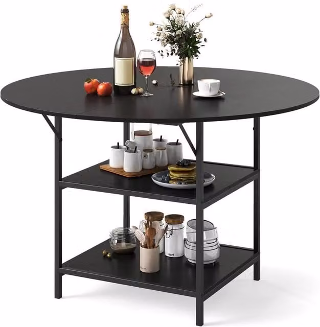 Costway Modern Round Dining Table with 2 Storage Shelves in Black, Diameter: 120 cm – 1