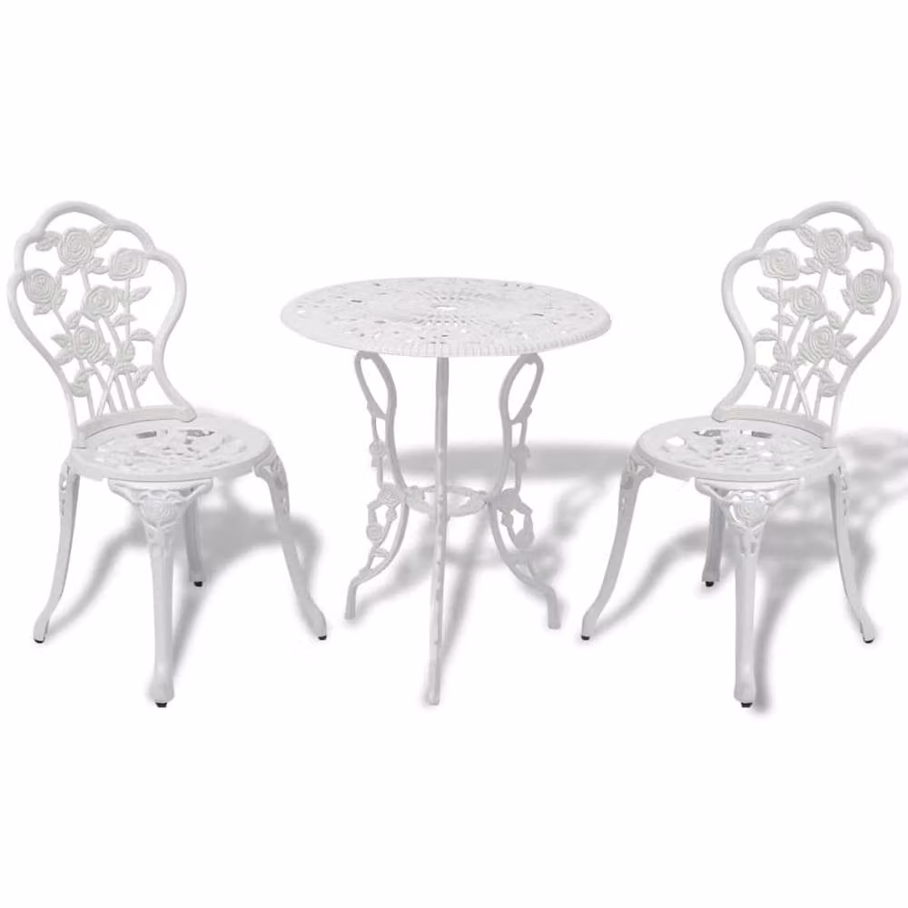 Berkfield Home 3 Piece Cast Aluminium Bistro Set in White Matt with Floral Vintage Design