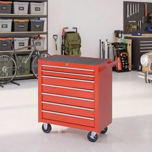 STILVORA 7 Drawer Steel Tool Chest Trolley with Lockable Wheels, Red – 1