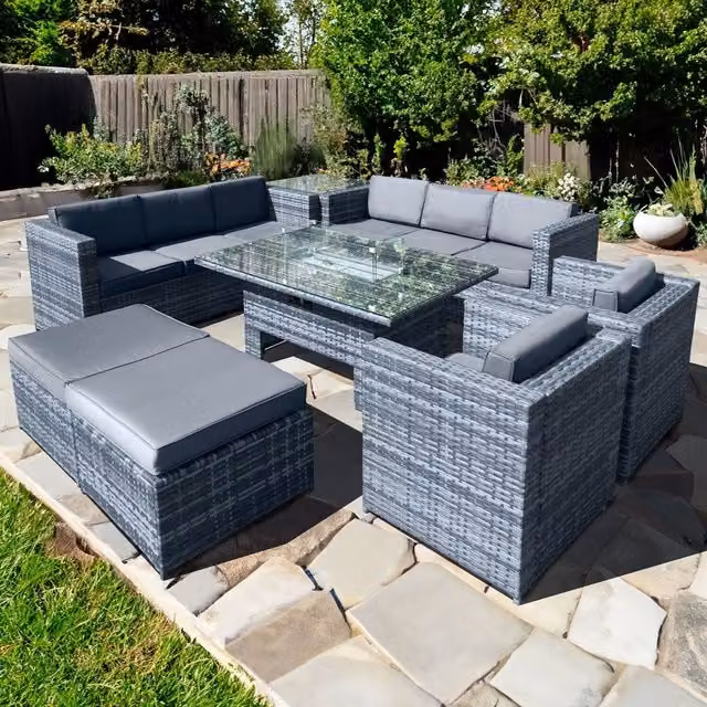 Oseasons Malta Rattan 10 Seat U-Shape Rising Firepit Set in Ocean Grey