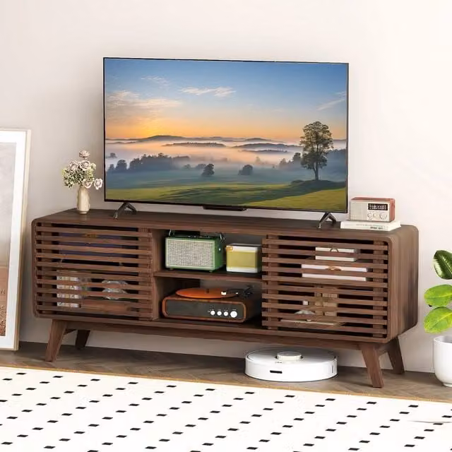 SPETLEK Mid-Century Brown Wood Entertainment Center TV Stand with Media Compartments – 1