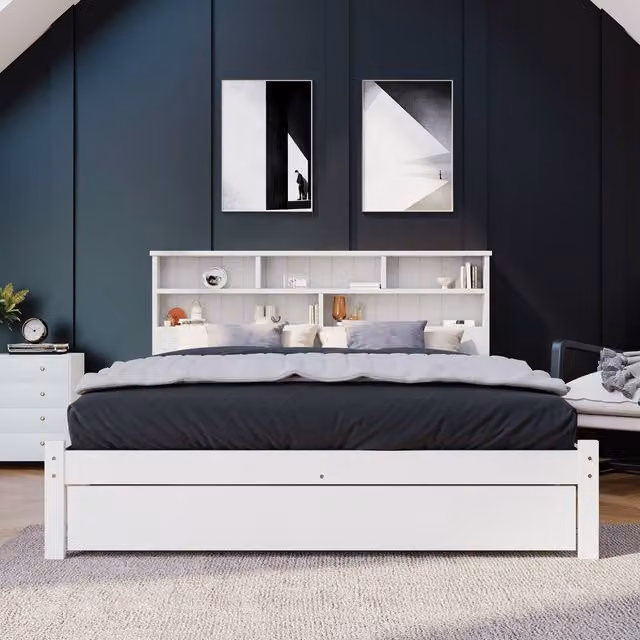 BTM White Wooden Double Bed with Bedside Shelves and Underbed Drawers, 140 x 200 cm