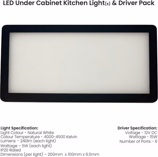 Loops 2x Matt Black Ultra-Slim Rectangle Under Cabinet Kitchen LED Light and Driver Kit with Natural White Diffused Light – 1