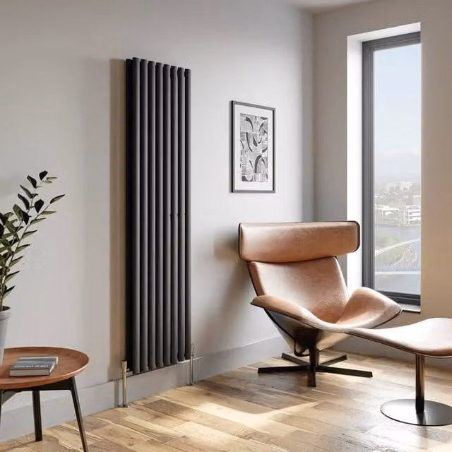 Temprazo Horizontal Oval Tube Double Panel Designer Radiator in Anthracite Grey, W/D/H: 144 x 48 x 7.9 cm