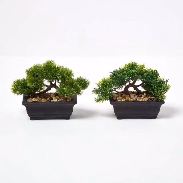 Homescapes Set of 2 Green Artificial Oriental Bonsai Trees in Decorative Pots, Height: 15 cm