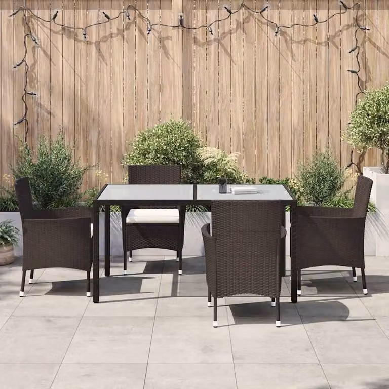 Berkfield Home Beautiful 5 Piece Brown Poly Rattan Garden Dining Set with Cushions