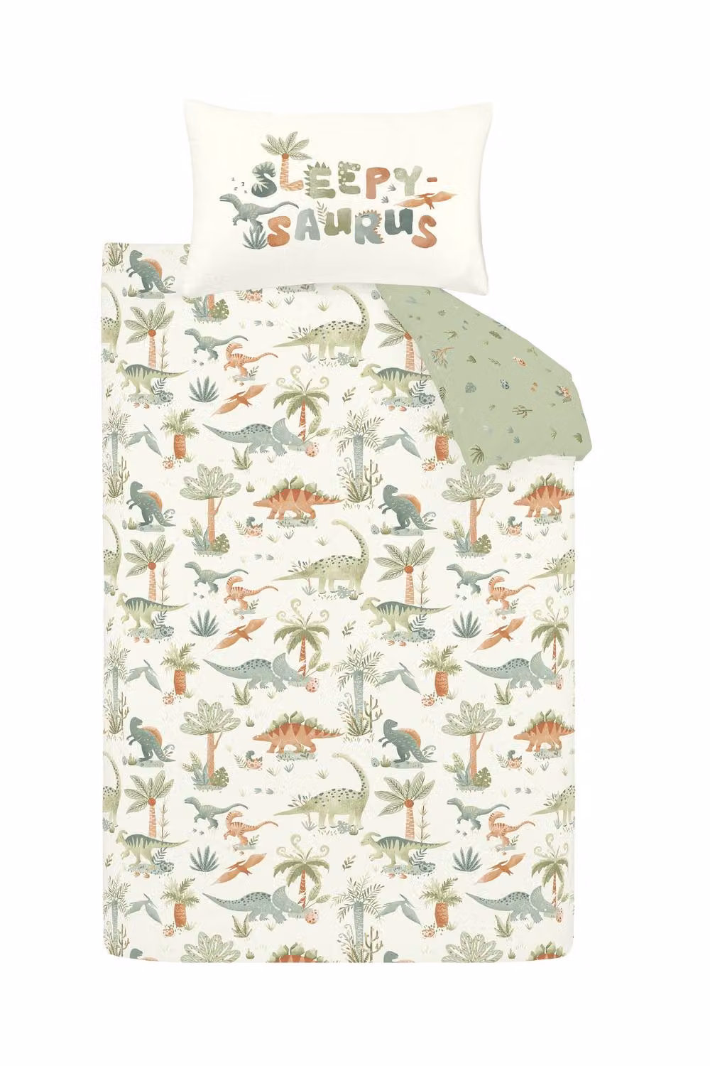 Catherine Lansfield Brushed Sleepy Saurus Dino Reversible Cotton Flannelette Duvet Cover Set in Beige, Junior Size – 2