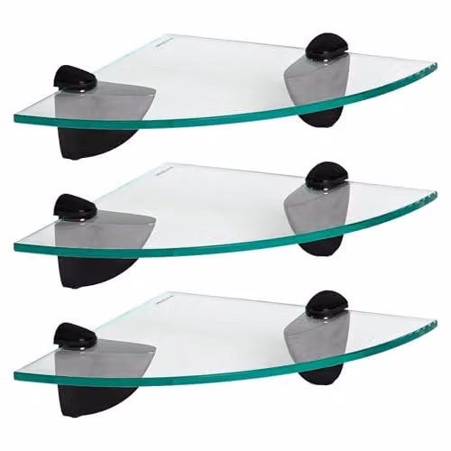 Harbour Housewares Set of 3 Floating Glass Corner Shelves in Black and Transparent, Wall-Mounted Bathroom Storage Organiser, 20 x 20 cm