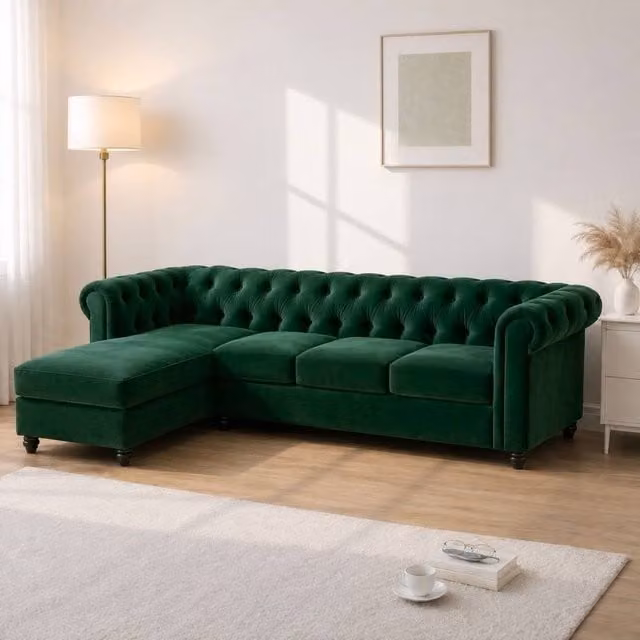 Sofaya Hampton 4 Seater L Shape Chesterfield Sofa in Green Velvet with Left Hand Chaise