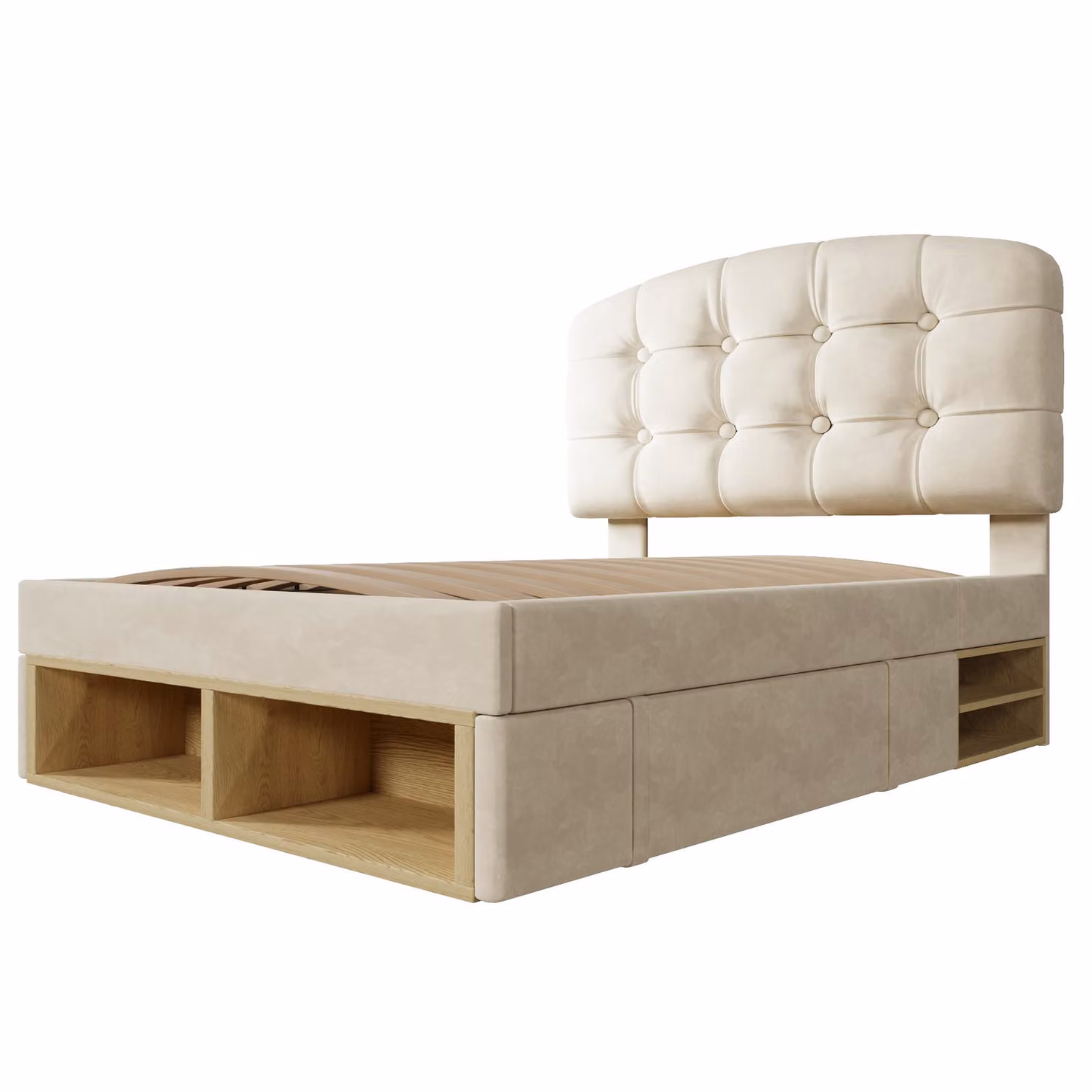 Aosom UK Beige Velvet Upholstered Single Bed with Storage Drawers and Button-Tufted Headboard, W/D/H: 101 x 198 x 120 cm – 2