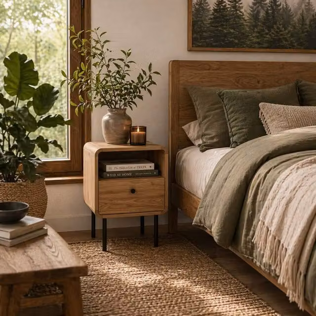 Wyld Haus Move Lalo Oak Finish Bedside Table with Drawer and Open Shelf in Light Oak