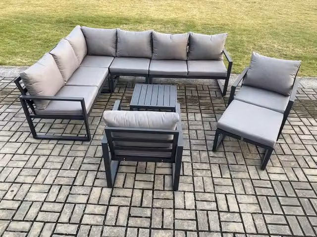 Fimous 9 Seater Aluminium Garden Furniture Set in Dark Grey with Corner Sofa, 2 Chairs, Coffee Table and Ottoman
