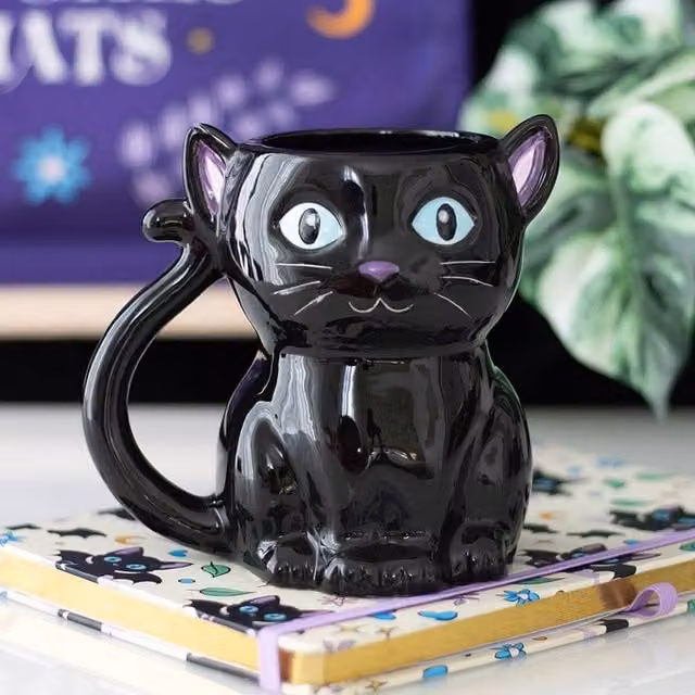 Uniqueful Black Ceramic Cute and Creepy Cat Mug, 550 ml