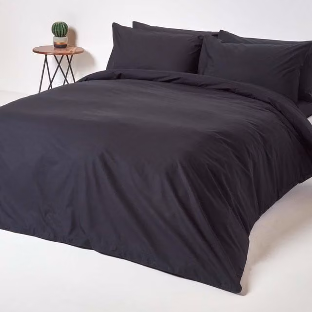 Homescapes Black Combed Cotton Percale Duvet Cover and Pillowcase Set, W: 180 cm, H: 200 cm