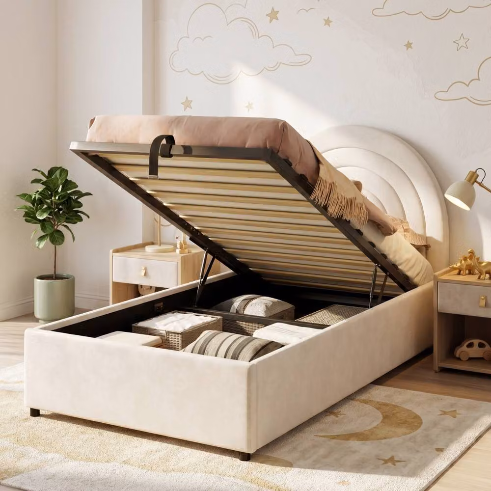 Rolipo Beige Velvet Upholstered Single Bed with Hydraulic Storage W/D/H: 90 x 190 cm – 2