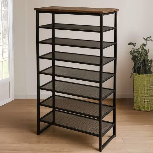 Rafaelo Mobilia 8-Tier Industrial Shoe Rack in Brown and Black with Detachable Mesh